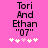 Pink background with black text reading "Tori And Ethan '07" and five white plus signs below, where the third sign is light pink in one frame.