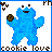 Pixelated blue Cookie Monster character in two animated frames holding a cookie and wearing sunglasses with 'cookie love' text at the bottom.