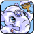 Pixelated cartoon icon of a light purple cloud-like creature with large eyes and a small red mouth, holding a brown paintbrush against a blue background.
