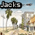 Pixelated beach scene with palm trees, buildings, and clouds; text labels 'Jacks' top-left and 'Mannequin' bottom-right.