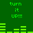 Green background with repeated green text 'turn it UP!!!' and horizontal bar patterns in pixelated style.