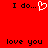 Red background with black text reading "I do..." above a white pixelated heart, and "love you" below; the right side shows identical static text.