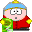 Pixelated character in red coat and blue hat with yellow accents, holding green object, displaying multiple facial expressions