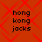 Red background with red diamond pattern and black text reading 'hong kong jacks' in four identical quadrants.