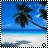 Pixelated beach scene with palm trees, blue sky, and sandy shore, framed by a black-and-white striped border.