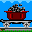 Pixelated red coal cart on gray tracks against blue sky, with black-and-gray coal piles and visible wheel details.