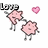 Two pink cartoon characters hold hands under a pink heart, with text and a heart symbol changing across frames.