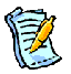 Four identical pixel-art icons of a light blue document with horizontal lines and a yellow pen, arranged in a on gray background