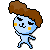 Four pixel-art frames of a blue cartoon character with brown hair in various poses against gray background