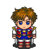 Pixel art character with brown spiky hair, blue eyes, and a red-blue outfit standing against gray background.