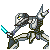 Pixel art character in dynamic pose holding two glowing blue swords, one raised high, against gray background.