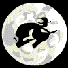 Black silhouette of a witch riding a broomstick against a circular moon-patterned background with swirling light gray and white clouds.
