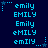 blue pixelated text variations of 'emily' and 'EMILY' on a dark blue background, with small star and dot patterns