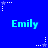 Blue background with repeated light blue 'Emily' text and white/purple star icons connected by dotted lines.