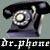 Static pixel art of a black rotary telephone with silver accents on a gray background, below which is white text reading 'dr-phone' on a black strip.
