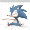 Pixelated blue anthropomorphic hedgehog with spiky quills, white muzzle and gloves, red shoes, holding a wooden stick while leaning forward in motion.