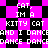 Pixelated text repeats 'CAT, IM A KITTY CAT AND I DANCE' over a black-and-magenta checkered background with diamond-shaped magenta