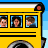 Yellow school bus with black trim and red lights, windows showing three distinct child faces against blue sky background.