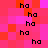 Pixelated of red and pink squares with repeated black text 'ha' scattered across the background