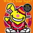 Pixelated yellow cartoon character with large black eyes, pink nose, wide white-toothed grin, red bow tie, and gray gloves against orange background.