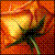 Pixelated flower with yellow center and orange-red petals against a checkered background.