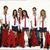 Six distinct group and individual scenes with people in various poses, clothing styles, and backgrounds including red uniforms, outdoor settings, and a heart-and-crossbone patterned background.