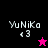 Four quadrant displays 'YuNiKo' text with '<3' and star symbols on black, magenta, pink, and dark purple backgrounds