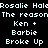Pixelated text displays 'Rosalie Hale', 'The reason', 'Ken + Barbie', and 'Broke Up' in white on black background with repeated text elements.