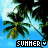 Pixelated tropical scene with palm trees against blue sky, text 'SUMMER' in blocky font below each tree.