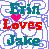 A static pixelated image displays text and a heart symbol with layered background elements.