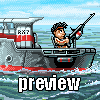 Pixel art scene of a character on a boat with 'RX-7' text, holding a rifle-like weapon, set against water and sky background.