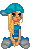 Pixel art contact sheet showing two frames of a blonde female character in blue attire with a teal cap, seated on gray rocks against a solid gray background.