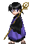 Pixel art character in purple and black robe holding golden staff, shown from four angles with varying poses against gray background.