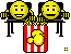 Pixelated yellow emoji faces sit at black desks with striped red-and-white popcorn buckets, showing varied expressions and hand gestures