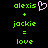 Green pixelated text on black background shows 'alexis' with a pink heart symbol, plus 'jackie', equals 'love'.