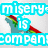 Pixelated blue text reads "misery-cuz I know that it's real" over a rainbow-colored object on light and dark backgrounds.