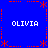Blue background with red dotted border and star shapes, four instances of white text 'OLIVIA' at corners.