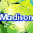 Animated icon with two distinct backgrounds: green foliage and pink hearts, both featuring blue text reading "Madison".