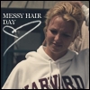 A person in a white hoodie with 'HARVARD' text stands against a dark background with 'MESSY HAIR DAY' text and a white heart-shaped line drawing.