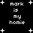Black background with white pixelated text reading 'mark is my homie' repeated in two , surrounded by scattered plus signs and small dots