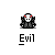 Animated contact sheet of a pixel art character with red eyes and black body performing sequential actions against changing background elements, labeled "Evil" under each frame.