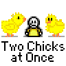 Animated contact sheet showing 12 frames of a pixel art icon featuring two yellow chicks and one black-and-white stick figure character with a neutral expression, arranged in a repeating pattern across three rows on a gray background.