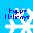 Blue background with four white snowflakes, each overlaid with blue 'Happy Holidays' text in pixelated font.