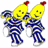 Two yellow cartoon figures with red hair tufts, blue striped pajamas, and white shoes stand side-by-side holding hands against a white background.