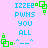 Pixelated text and green square icons on pink background with blue smiley face elements.