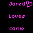 Pixelated pink text on black background reads 'Jared' with a heart symbol, 'Loves', and 'Carlie' in two