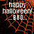 A Halloween-themed digital graphic with orange spiderweb patterns on a black background, displaying 'happy halloween! ...BOO...' text in white pixelated font.