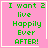 Four identical pink square with green pixelated text reading "I want 2 live Happily Ever AFTER!" and white borders, each containing a distinct small white symbol in the bottom-right corner