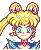Pixel art of a character with blonde pigtails, blue eyes, and a red gem on the forehead, wearing a blue and white outfit with a red choker, shown in four expressions.