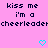 Pixelated text on pink background with two cyan hearts, reading 'kiss me i'm a cheerleader' in dark blue block letters.